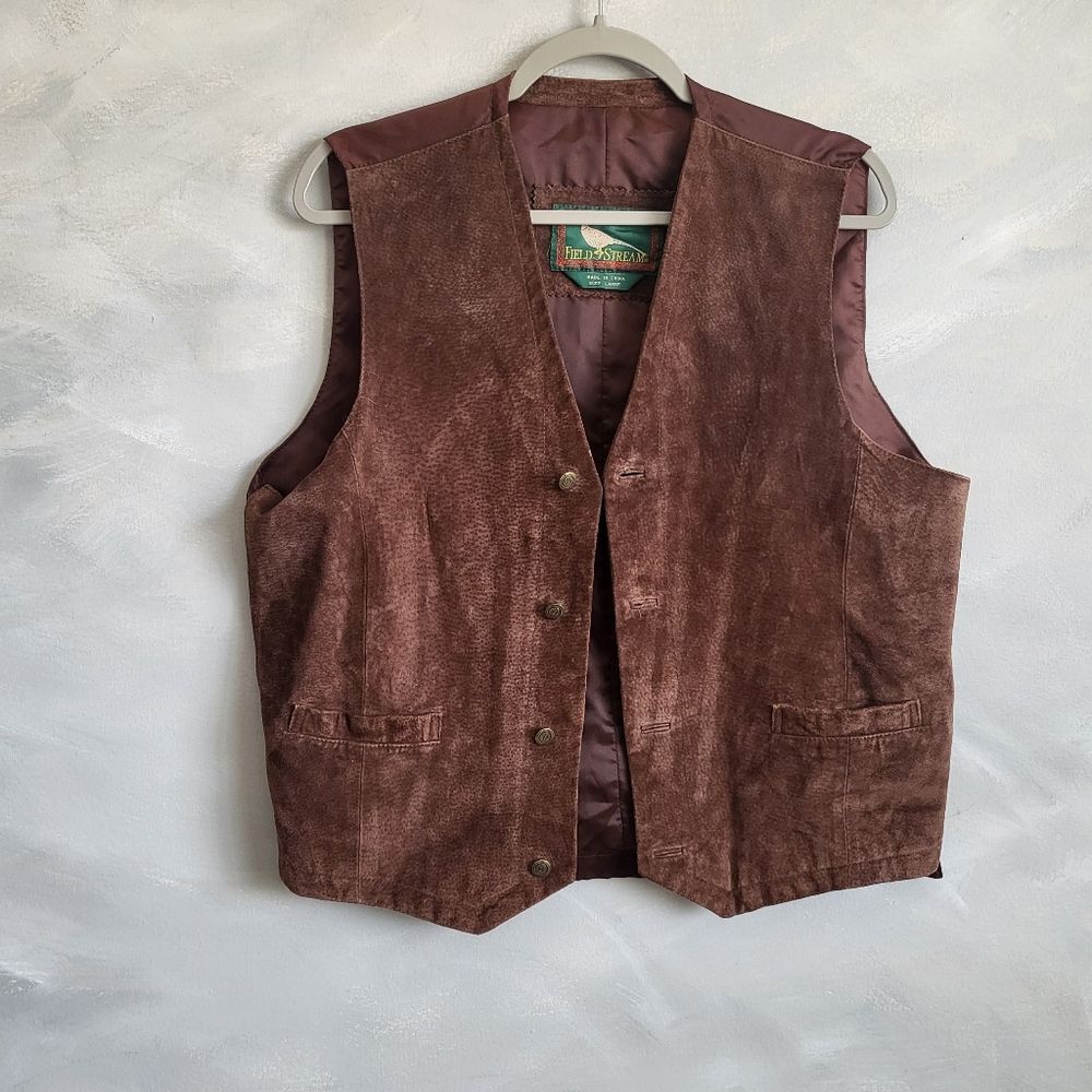 Vintage Field & Stream Leather Vest Men's L Brown Button Up Hunting Waistcoat